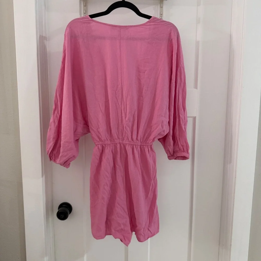 ZARA Pink Linen Blend Slouchy Romper Puff Sleeve Button Front Playsuit M Barbie